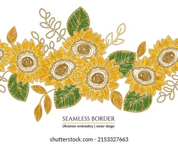 Ukrainian embroidery sunflower seamless floral border. Blue flower embroidered arrangement