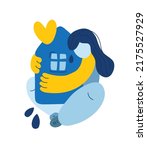 Ukrainian emigration nostalgia. People who were forced to leave their homes. The woman cries and hugs her house homesick. Stop War in Ukraine, homesickness.