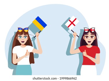 Ukrainian and English flags. Background for the inscription with flags. The concept of the competition between Ukraine and England. Feelings and emotions of female cheerleaders. Vector illustration.