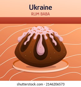 Ukrainian ethnic cuisine composition with rum baba cake. Traditional confectionery dessert. Concept flat hand drawn vector illustration. Food dishes art.