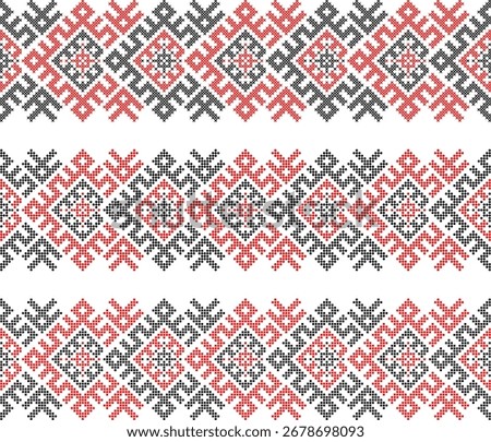 Ukrainian ethnic ornament vector, red and black cross-stitch seamless pattern, traditional vyshyvanka embroidery, folk art border for print, fabric, clothing, website, banner, background