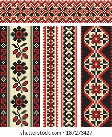 Ukrainian ethnic seamless ornament-pixel pattern. Tape of flower ornamenta.Tekstil embroidery.Vector EPS 10. Ribbon ornament