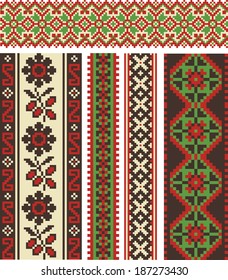 Ukrainian ethnic seamless ornament-pixel pattern. Tape of flower ornamenta.Tekstil embroidery.Vector EPS 10. Ribbon ornament