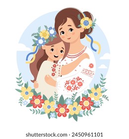 Ukrainian family. Cute woman mother and daughter in traditional clothes embroidered shirt with floral wreath in flowers against sky. Vector illustration. happy female national character.