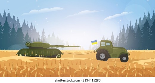 A Ukrainian farmer stole a Russian tank with a tractor. A tractor pulls a military tank across the field. Cartoon style. Vector illustration.