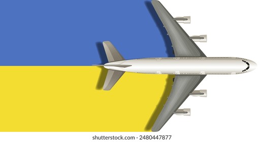 Ukrainian flag with an airplane flying over it close up. Vector image.