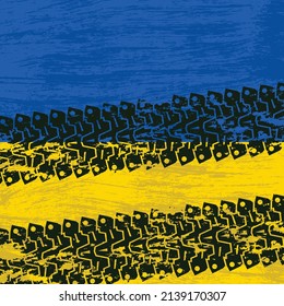 Ukrainian flag background with black grunge tire tracks and tank tracks and ink blots. Russian attack and Ukraine defence in 2022