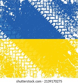 Fondo de la bandera ucraniana con huellas de neumático de grano blanco y manchas de tinta. Ataque ruso y defensa de Ucrania en 2022