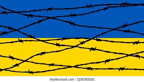 Ukrainian flag behind barbed wire fence. Stop the war concept. Pray for Ukraine