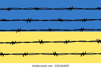 Ukrainische Flagge hinter Stacheldrahtzaun. Hör auf mit dem Kriegskonzept. Bete für die Ukraine