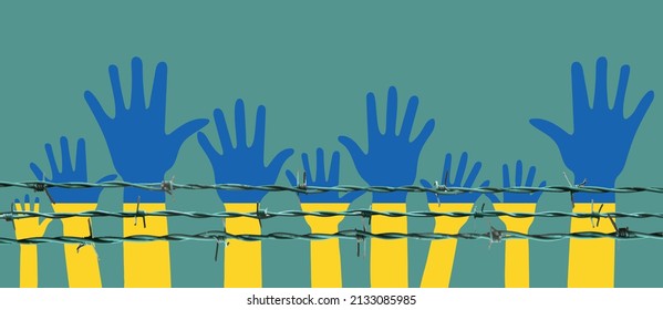 Ukrainian flag, blue and yellow raised people hands on green background. hands behind barbed wire. hand group with raised arms. Concept of Ukrainian and Russian military crisis. Flat illustration