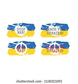 Ukrainian flag brush stroke with stop war. Peace for Ukraine text in chalk texture and heart vector.