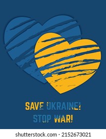 Ukrainian flag color hearts on the blue background. Ukraine support concept