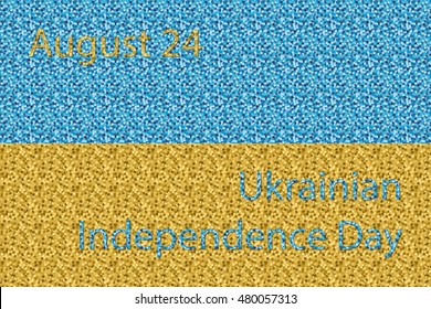 Ukrainian flag with the date of Independence Day of Ukraine - August 24 - in front of it. Golden and blue glitter. Abstract vector illustration. Eps 8.