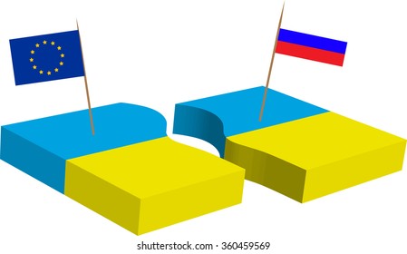 Ukrainian flag divided into two parts marked with Russian and EU flags