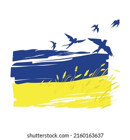 Ukrainian flag with flying birds swallows and wheat field Abstract Art vector illustration isolated on white background.Ukrainian landscape in blue and yellow colors,beautiful patriotic design element