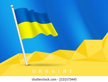 Ukrainische Flagge, die über zerstörtes Land fliegt
