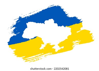 Ukrainian flag grunge brush stroke, map outline, isolated white background. Blue, yellow color. T-shirt print design textile, fabric. Symbol Ukraine. Design patriotism, freedom. Vector illustration