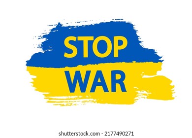 Ukrainian flag grunge design, isolated white background. T-shirt print design for textile, fabric. Brush stroke typography graphics. Message stop war. Concept peace, freedom. Vector illustration