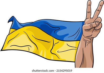 Ukrainian flag and hand in a gesture of victory vector illustration against war