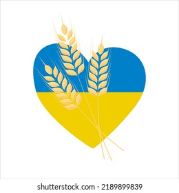 Ukrainian flag heart with ears of wheat. Design template. Vector illustration. 