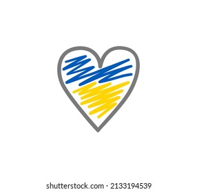 Ukrainian flag in heart shape on isolated white background. Hand drawn flag of Ukraine in heart