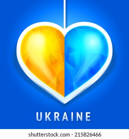 Ukrainian flag in a heart-shaped in the form of an expensive sparkling diamonds hanging on a string. Fully editable vector.