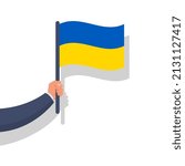 Ukrainian flag hold patriot in hand. Independent country. Two colors flag, blue and yellow. Two colors, symbol of independent and eating. Vector illustration flat design. Isolated on white background.
