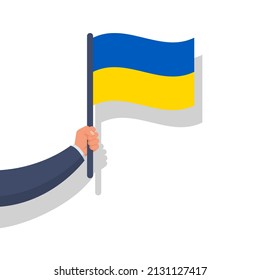 Ukrainian flag hold patriot in hand. Independent country. Two colors flag, blue and yellow. Two colors, symbol of independent and eating. Vector illustration flat design. Isolated on white background.