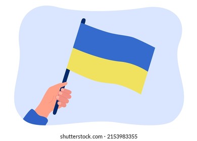 Bandera ucraniana en ilustración vectorial plana de mano humana. Persona portando bandera para manifestaciones o protestas. Libertad, paz, independencia, unidad, nación, concepto de lucha
