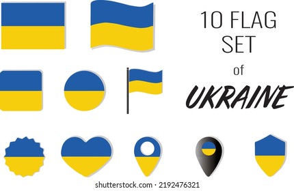 Ukrainische Flagge Symbole Vektorset, nationale Flagge der Ukraine. UKRAINISCH, FLAG, KARTE, HERZ-ICON SET CLIP ART SET ILLUSTRATION FLAT DESIGN COLLECTION