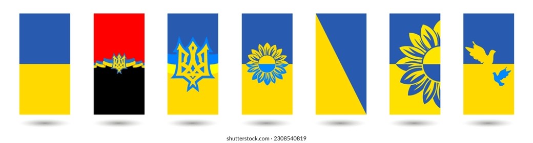 Ukrainische Flagge mit Illustration. Set von gelb-blauen Bannern mit Taube, Sonnenblume und Wappen. Hintergründe der Ukraine. Vektor EPS10