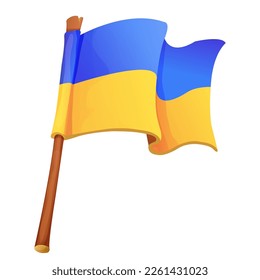 Ukrainian flag, national symbol on wooden stick in cartoon style isolated on white background.