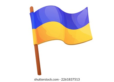 Ukrainian flag, national symbol on wooden stick in cartoon style isolated on white background.