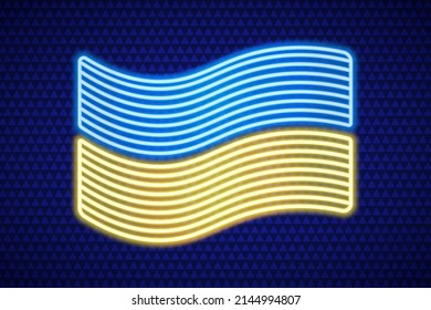Ukrainian flag. Neon glow. Two-tone fabric. The national symbol of the state develops in the wind. Color vector illustration. Isolated background from blue triangles. Political themes. 