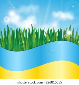 Ukrainian flag on a background of sky and green grass