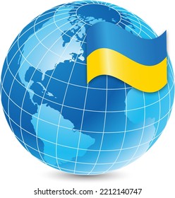 Bandera ucraniana en el fondo del globo terrestre. Vector