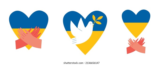 Ukrainian flag. Ukrainian ornament. Hands holding blue yellow heart. Victory. Stand with ukraine. No war. I love Ukraine. Pigeon and heart