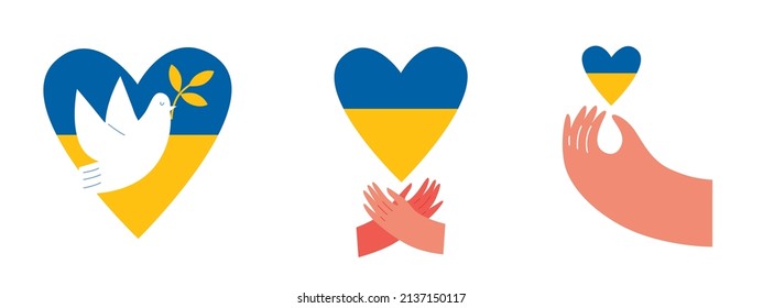 Ukrainian flag. Ukrainian ornament. Hands holding blue yellow Ukrainian heart. Victory. Stand with ukraine. No war. I love Ukraine. 