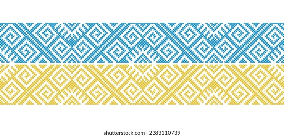 Ukrainian flag pattern. Vector ornament, decorative border, background. Ukrainian flag decoration in yellow and blue colors. Pixel art, vyshyvanka, cross stitch.