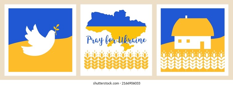 Ukrainian flag with a Pray for Ukraine concept icon set. Simple flat illustration. Save from Russia set banner for media. Vector illustration. Yellow and blue colors. No war
