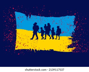 Ukrainian flag with refugee family in silhouette symbolising heading westward. The red splatters indicate the state of war and the subsequent death and suffering experienced by the people of Ukraine.