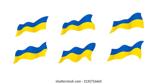 Ukrainian flag. Set of dynamic symbols of the flag of Ukraine fluttering in the wind isolated on a white background. State symbol, badge, icon, emblem. 3d Vector illustration