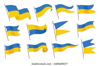 ukrainische Flagge. Set von ukrainischen Flaggen auf weißem Hintergrund. Nationale Flaggen schwingen Symbole. Bannerdesign-Elemente
