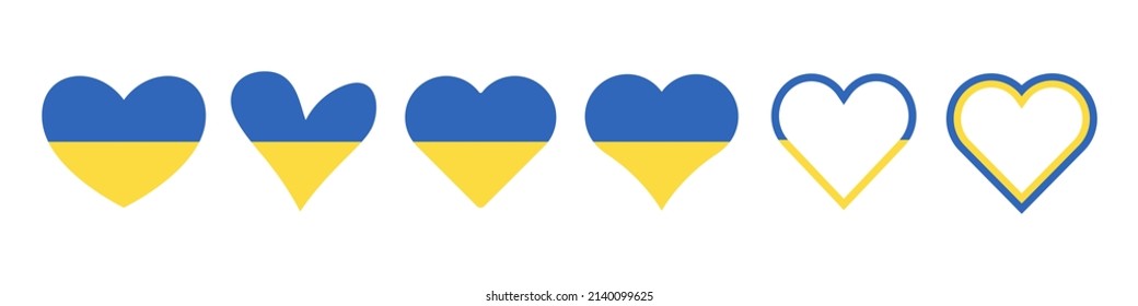 Ukrainian flag in the shape of a heart. Different forms. Icon set vector illustration