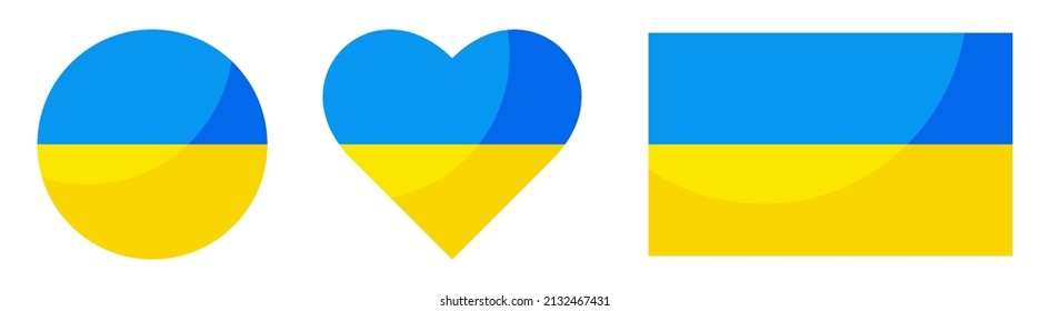 Ukrainian flag. Square, round and heart shaped. Ukrainian flag symbol. Blue and yellow illustration.