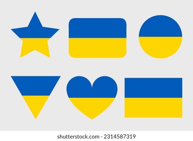 Ukrainian flag symbol. Flag of Ukraine. Support Ukraine in the war. Square, round and heart shape. Blue and yellow illustration.