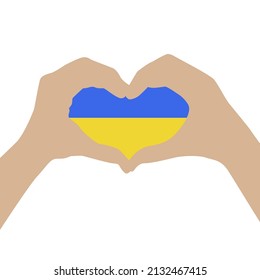ukrainische Flagge. Zwei Hände in Form eines Herzens mit der Flagge der Ukraine. Kein Krieg
