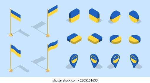 Ukrainian flag (Ukraine). 3D isometric flag set icon. Editable vector for banner, poster, presentation, infographic, website, apps, maps, and other uses.