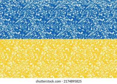 Ukrainian flag. Flag of Ukraine. National symbol. Ukrainian flag symbol. Blue and yellow illustration. Vector illustration in support against the war. Hand-drawn flag of Ukraine with flowers.